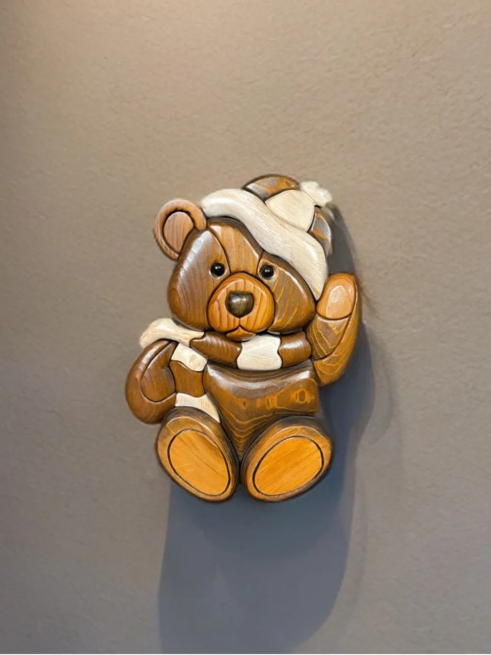 Handmade wooden Intarsia wall hanging Teddy Bear  10”